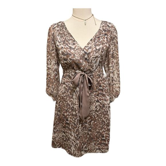 Love 21 Tan, Gray, and White Pleated Tie Front Sheath Midi Dress Size Small - Picture 1 of 9